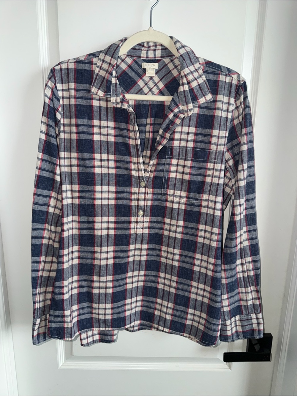 J Crew Womens Large Plaid Popover Shirt 100% Cotton Navy Red White Fall
